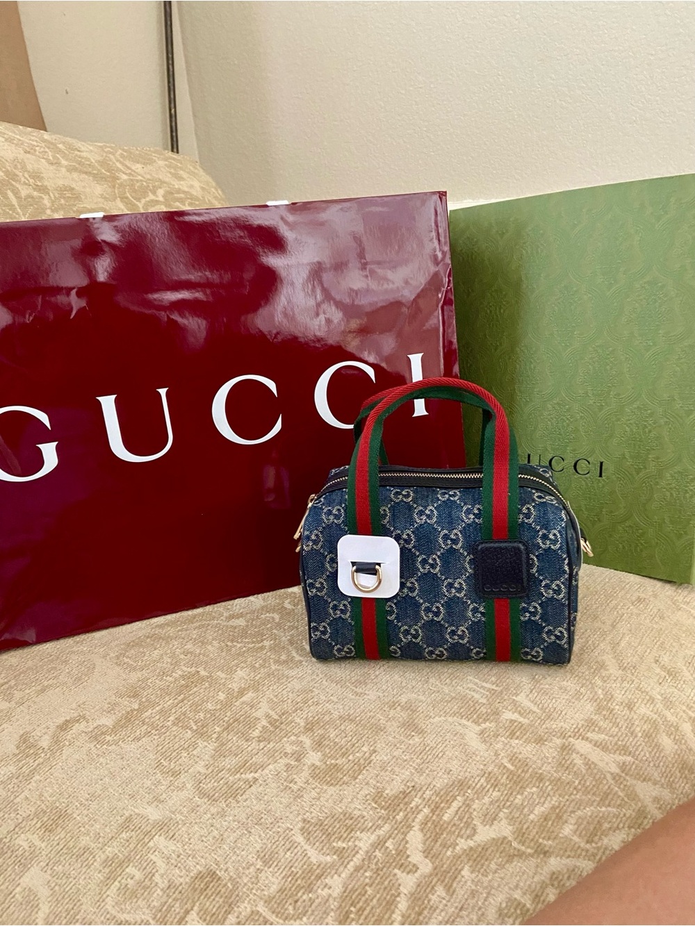 Gucci Blue GG Denim Mini Top Handle Bag with Green-Red Web Strap